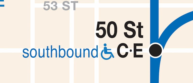 50th St subway station on the subway map showing only southbound accessibility