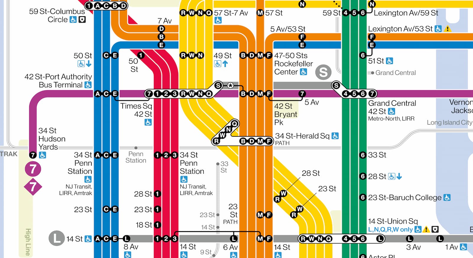 The midtown section of the subway map
