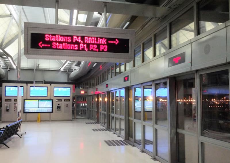 Display at the Newark AirTrain showing direction to RAILink