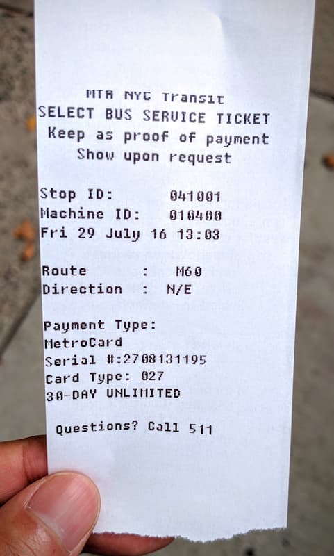Select Service Bus receipt