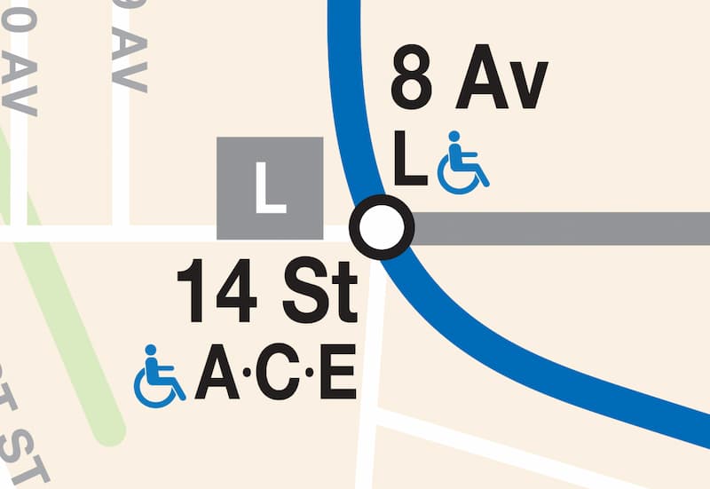 14th St subway station on the subway map showing wheelchair icon