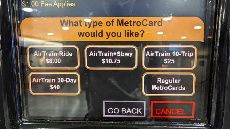 MetroCard Vending Machine at Jamaica showing various options to buy