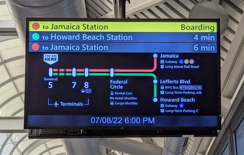 JFK AirTrain display showing direction to Jamaica station